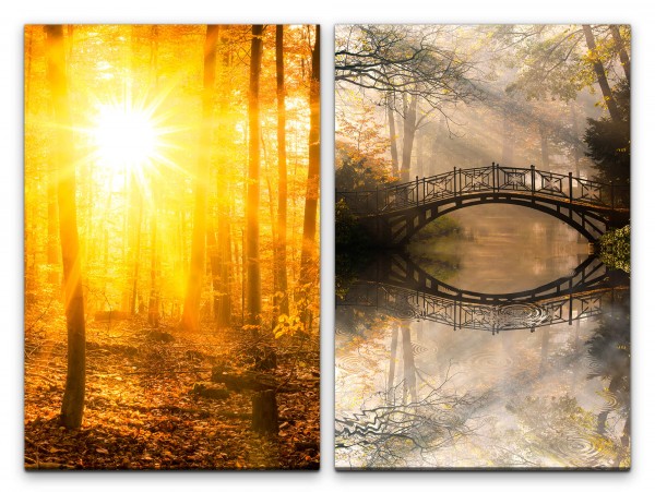 2 Bilder je 60x90cm Wald Sonnenstrahlen Sonne Herbst warmes Licht Fluss Holzbrücke