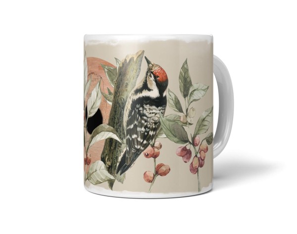 Dekorative Tasse mit schönem Vogel Motiv Dunenspecht kleiner Specht Pflanzen Pastelltöne