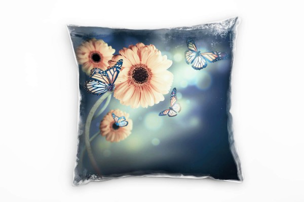 Blumen, blau, orange, Gerbera mit Schmetterling Deko Kissen 40x40cm für Couch Sofa Lounge Zierkissen