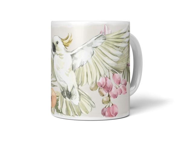 Dekorative Tasse mit schönem Vogel Motiv Kakadus Blumen Früchte Paradies Vintage Kunstvoll