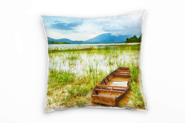 Landschaft, blau, grün, braun, Boot am Strand Deko Kissen 40x40cm für Couch Sofa Lounge Zierkissen