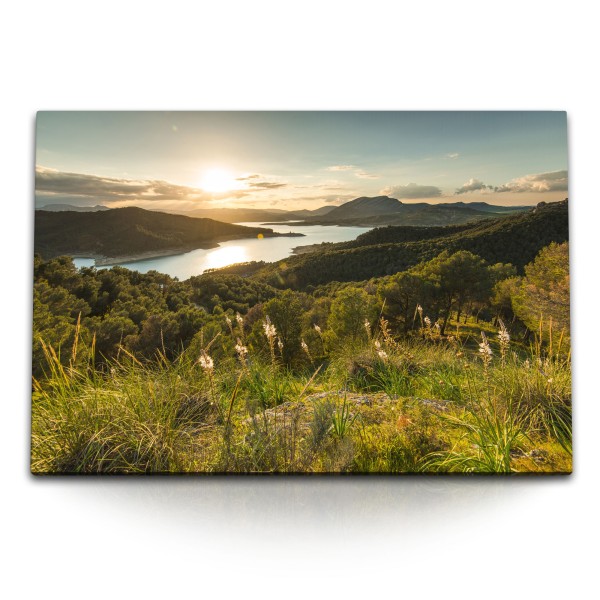 120x80cm Wandbild auf Leinwand Sonnenuntergang Berge See Natur Landschaft