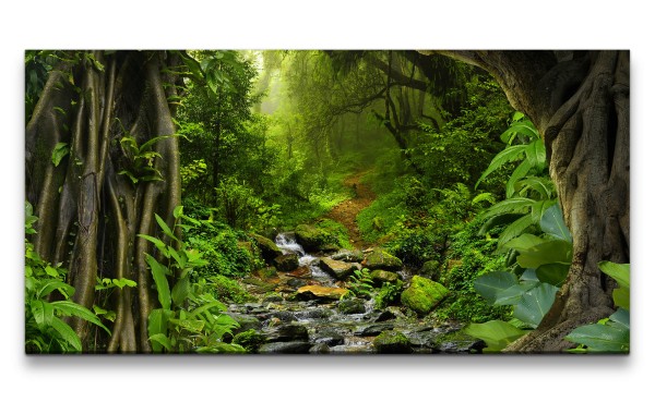 Leinwandbild 120x60cm Grüner Wald Bach Natur Wasser Leben Pflanzen