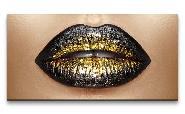 Leinwandbild 120x60cm Volle Frauen Lippen Schminke Gold Lippenstift Sexy