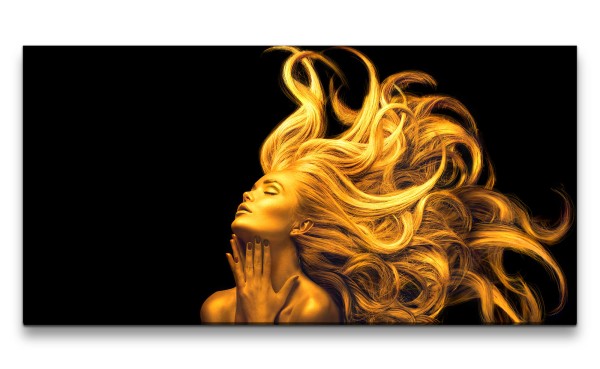 Leinwandbild 120x60cm Model Make-Up goldenes Haar Kunstvoll Fashion Löwin