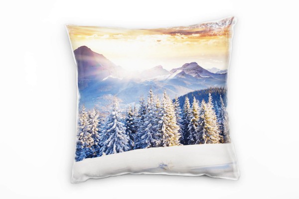 Winter, weiß, orange, schneebedeckte Berge, Wald Deko Kissen 40x40cm für Couch Sofa Lounge Zierkisse
