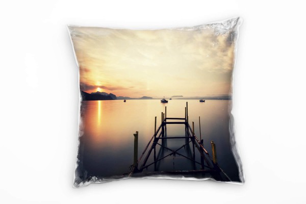 Seen, orange, grau, Sonnenuntergang, Steg Deko Kissen 40x40cm für Couch Sofa Lounge Zierkissen