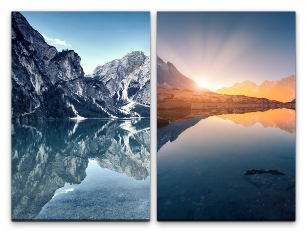 2 Bilder je 60x90cm Alaska Berge See Klarheit Sonnenstrahlen Sonnenuntergang Stille