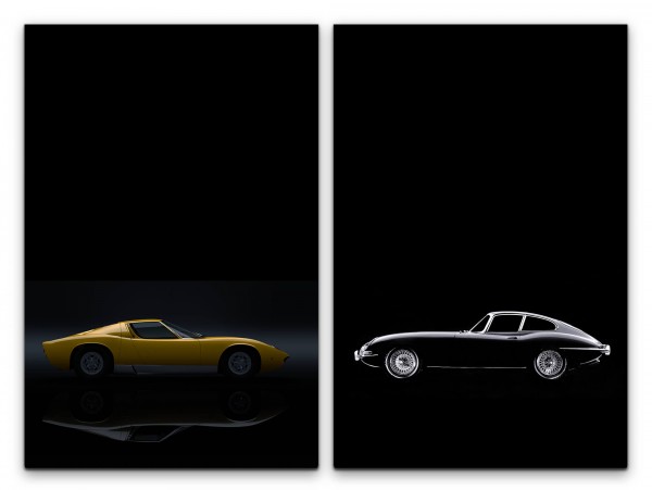 2 Bilder je 60x90cm Ferrari Oldtimer Schwarz Gelb Traumauto Jaguar Wagen