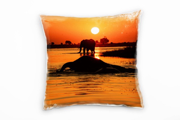Tiere, badende Elefant, Sonnenuntergang, orange Deko Kissen 40x40cm für Couch Sofa Lounge Zierkissen