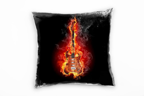 Illustration, rot, orange, schwarz, brennende Gitarre Deko Kissen 40x40cm für Couch Sofa Lounge Zier