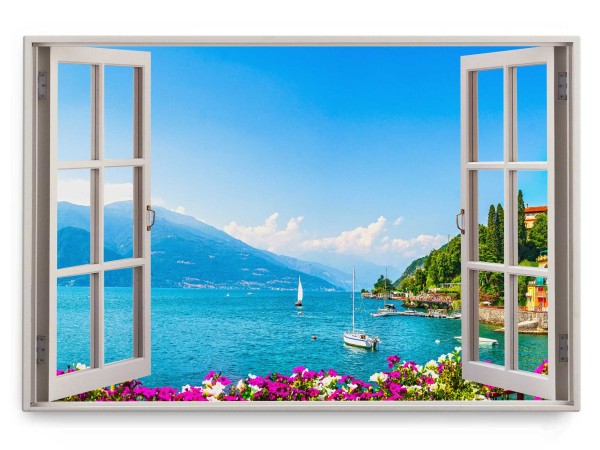 Wandbild 120x80cm Fensterbild Alpensee Berge See Natur Blau Segelboote
