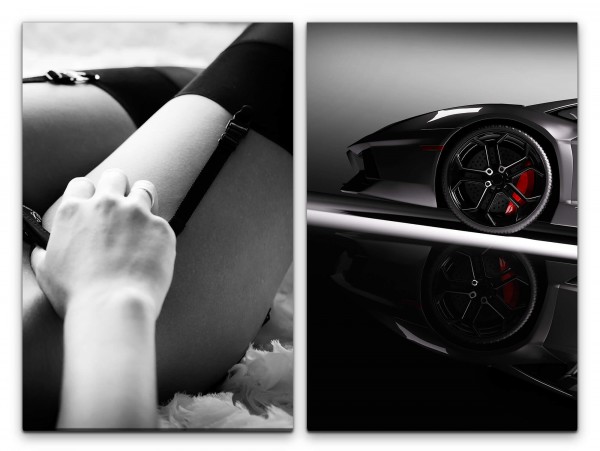 2 Bilder je 60x90cm Sexy Lamborghini Dessous Schwaz Weiß Felgen Super-Car Erotisch