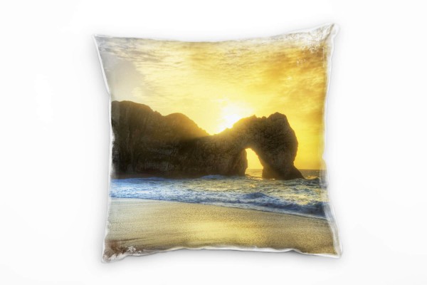 Strand und Meer, gelb, blau, Wellen, Felsen, England Deko Kissen 40x40cm für Couch Sofa Lounge Zierk