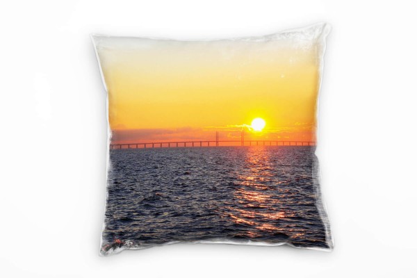 Meer, Sonnenuntergang, Brücke, Dänemark, orange Deko Kissen 40x40cm für Couch Sofa Lounge Zierkissen