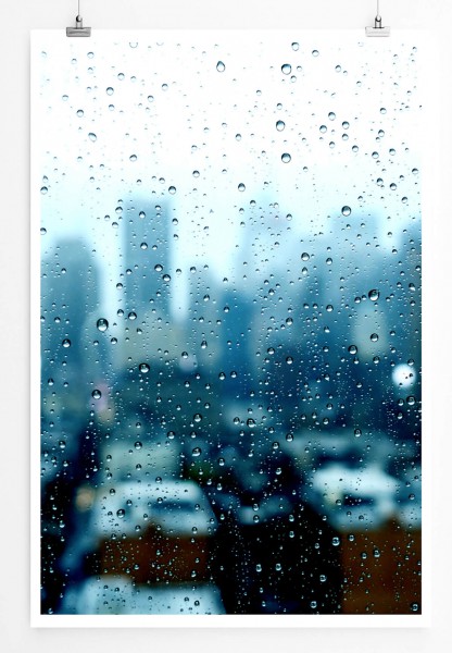 Urbane Fotografie  Skyline hinter nasser Glasscheibe 60x90cm Poster