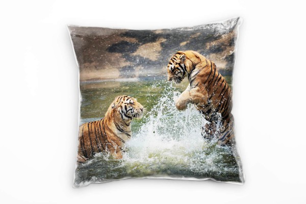 Tieren, braun, zwei Tiger spielen im Wasser Deko Kissen 40x40cm für Couch Sofa Lounge Zierkissen