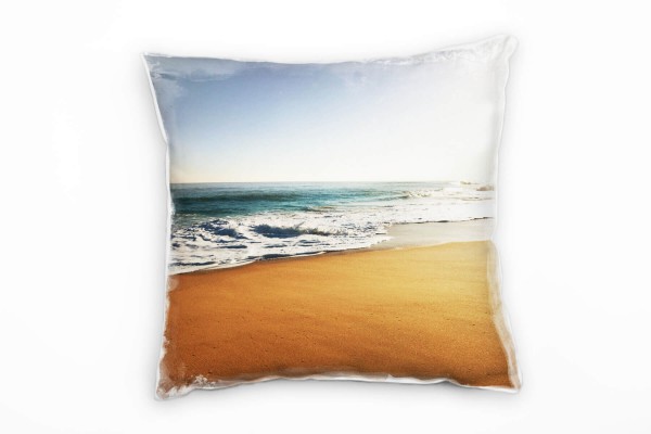 Strand und Meer, braun, blau, Sonnenschein, Strand Deko Kissen 40x40cm für Couch Sofa Lounge Zierkis