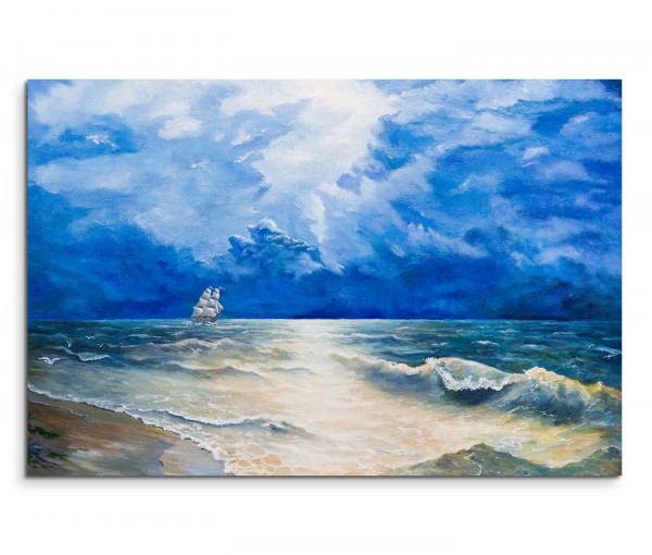 120x80cm Wandbild Ölgemälde Meer Segelboot Wolken