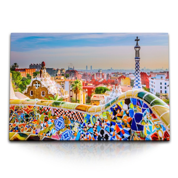 120x80cm Wandbild auf Leinwand Barcelona Spanien Hundertwasser Farbenfroh Bunt