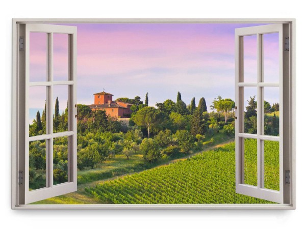 Wandbild 120x80cm Fensterbild Landhaus Toskana Italien Weinberg Natur Grün