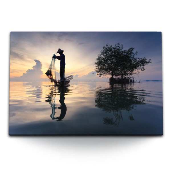 120x80cm Wandbild auf Leinwand Fotokunst Fischer Meer Thailand Horizont Abendrot