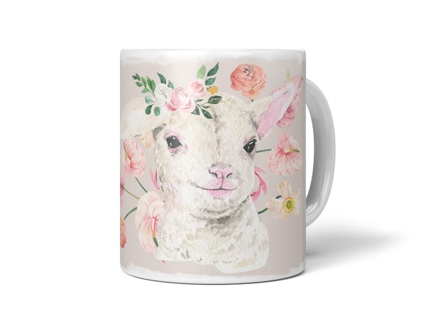 Tasse Porzellan Tier Motiv süßes Lamm Blumen Blüten niedlich Flauschig