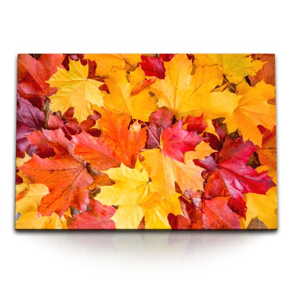 120x80cm Wandbild auf Leinwand Herbstblätter Herbst Baumblätter Orange Rot