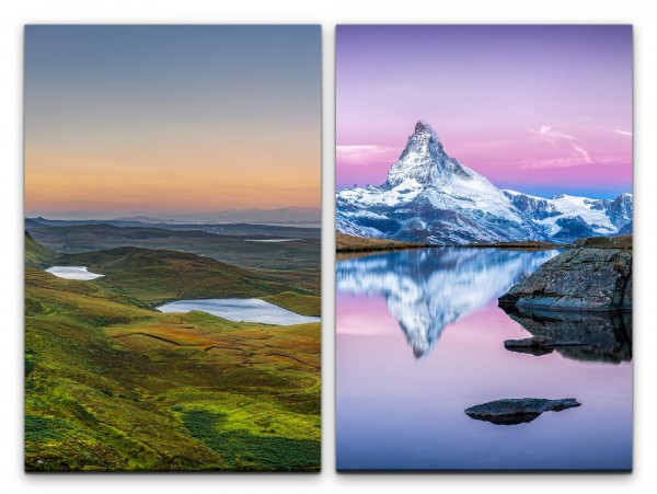 2 Bilder je 60x90cm Matterhorn Schneegipfel Landschaft See Grün Unberührt Stille