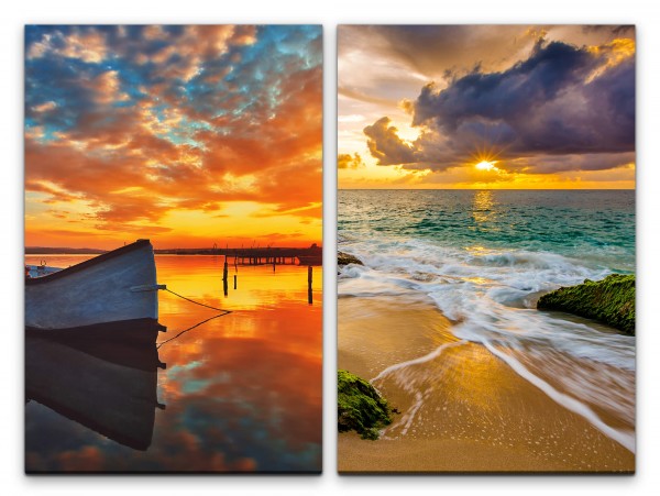 2 Bilder je 60x90cm Meer Boot Stille Strand Sonnenuntergang Abenddämmerung roter Himmel