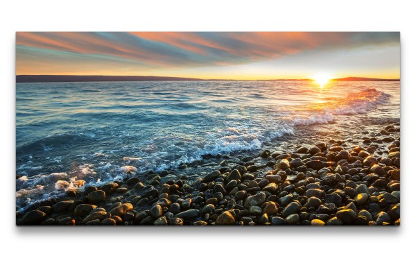 Leinwandbild 120x60cm Sonnenuntergang Abendröte Meer runde Steine Natur Wunderschön