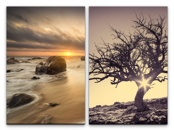 2 Bilder je 60x90cm Fels Brandung Meer Sonnenuntergang Einsamer Baum Oak