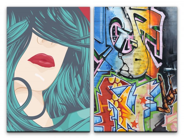 2 Bilder je 60x90cm PopArt StreetArt Graffiti Tags Bunt Jugend Lippen