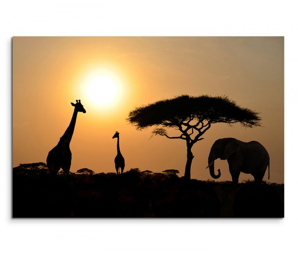 120x80cm Wandbild Afrika Serengeti Safari Giraffen Elefanten Akazie Baum