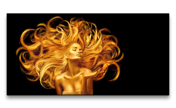 Leinwandbild 120x60cm Model Make-Up Gold Kunstvoll Fashion Löwin