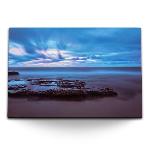 120x80cm Wandbild auf Leinwand Felsen Meer Horizont Abenddämmerung Ozean