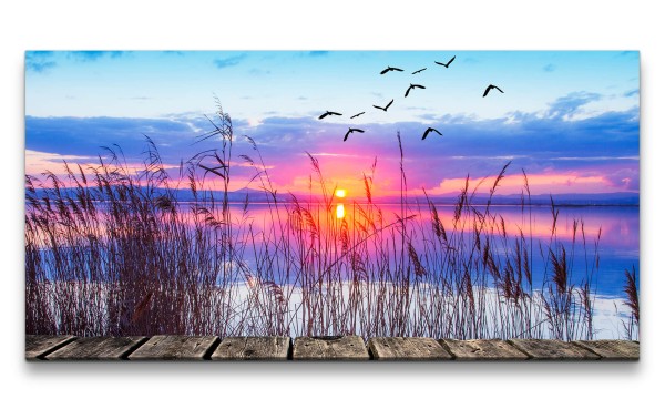Leinwandbild 120x60cm Großer See Steg Vögel Natur Idyllisch Traumhaft Abendröte