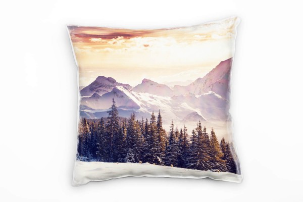 Winter, weiß, orange, Wald, Berge, Sonnenaufgang Deko Kissen 40x40cm für Couch Sofa Lounge Zierkisse