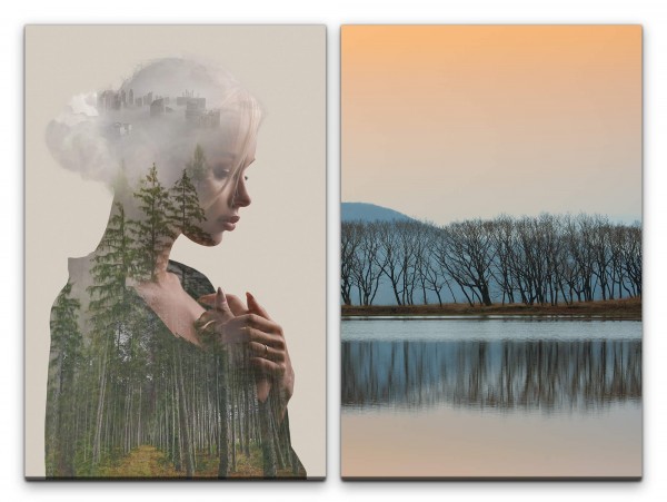 2 Bilder je 60x90cm Wald junge Frau Melancholisch Baumreihe Reflexion See Meditieren