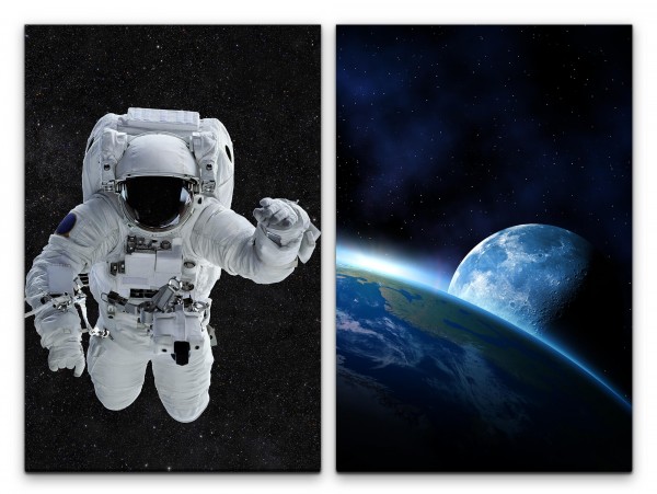 2 Bilder je 60x90cm Astronaut Erde Mond Weltall Nasa Schwerelos Atmosphäre