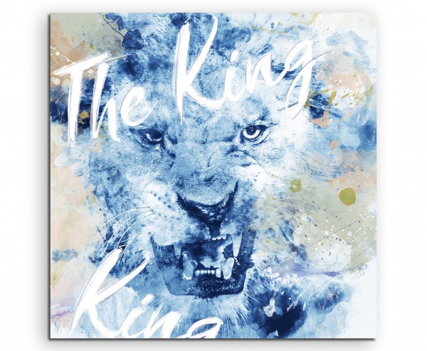 Brüllender Löwenkönig in Blautönen mit Kalligraphie