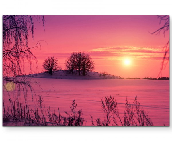 Pinker Sonnenuntergang über schneebedeckten Feldern - Leinwandbild