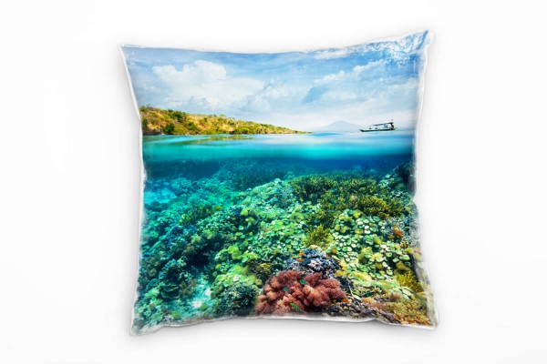 Meer, türkis, grün, Boot, Korallenriff, Unterwasser Deko Kissen 40x40cm für Couch Sofa Lounge Zierki