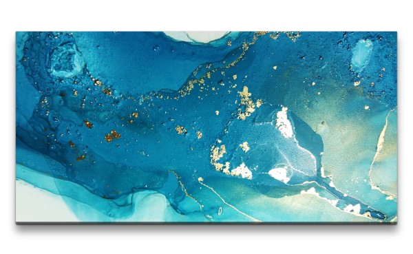 Leinwandbild 120x60cm Blaue Farbe Fließend Blattgold Dekorativ Modern