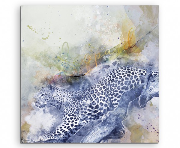 Leopard im Sprung in Blautönen mit Kalligraphie