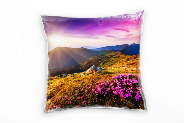 Landschaft, bunt, Sonnenuntergang, Berge, Blumen Deko Kissen 40x40cm für Couch Sofa Lounge Zierkisse