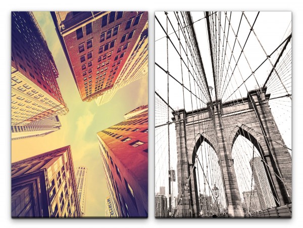 2 Bilder je 60x90cm Brooklyn Bridge New York Wolkenkratzer Stadt Architektur Modern Hängebrücke