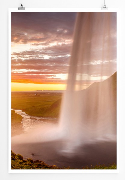 90x60cm Poster Seljalandsfoss Wasserfall bei Sonnenaufgang Island