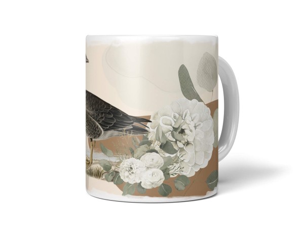Dekorative Tasse mit schönem Vogel Motiv Ente Blumen Blüten Erdfarben Kunstvoll