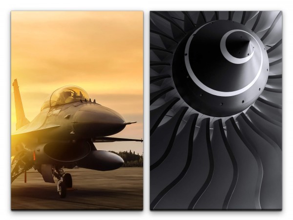 2 Bilder je 60x90cm Kampfflugzeug Turbine Jagdflugzeug F16 falcon Militär Power Schallmauer
